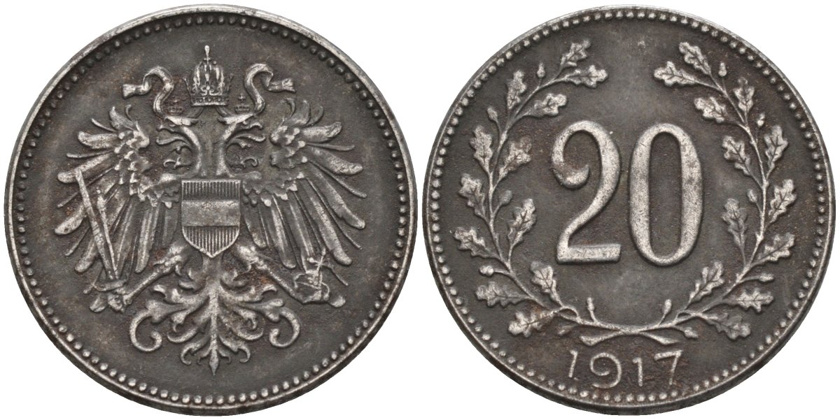 Австрия 20 геллеров 1917 Карл I KM 2826 железо 4584-247