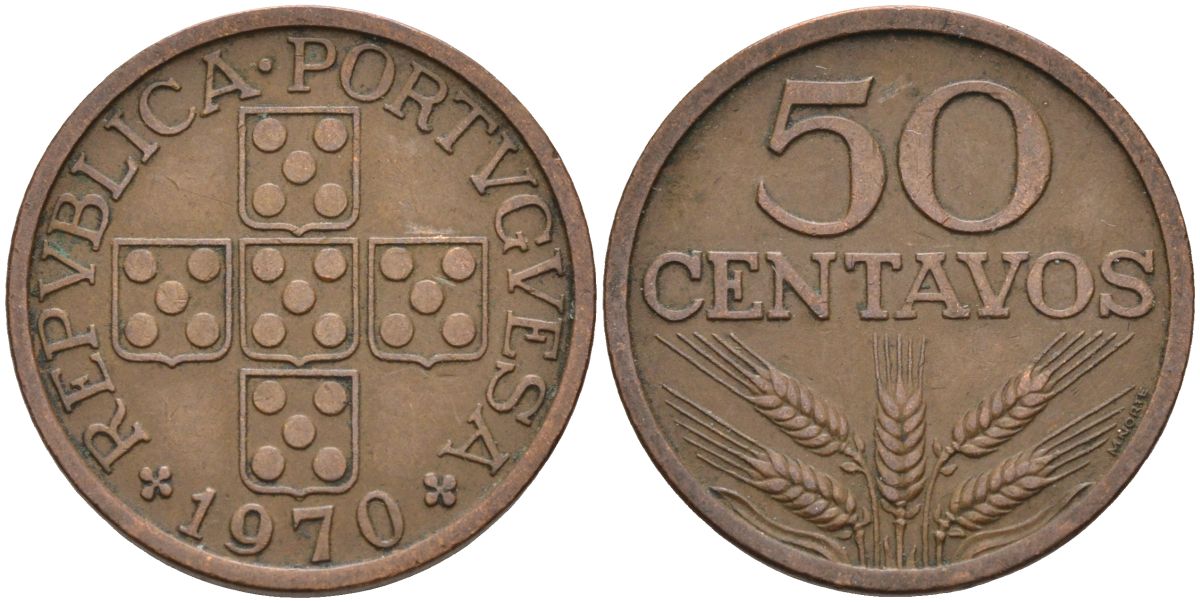Португалия 50 сентаво 1970 KM 596 бронза 4126-551