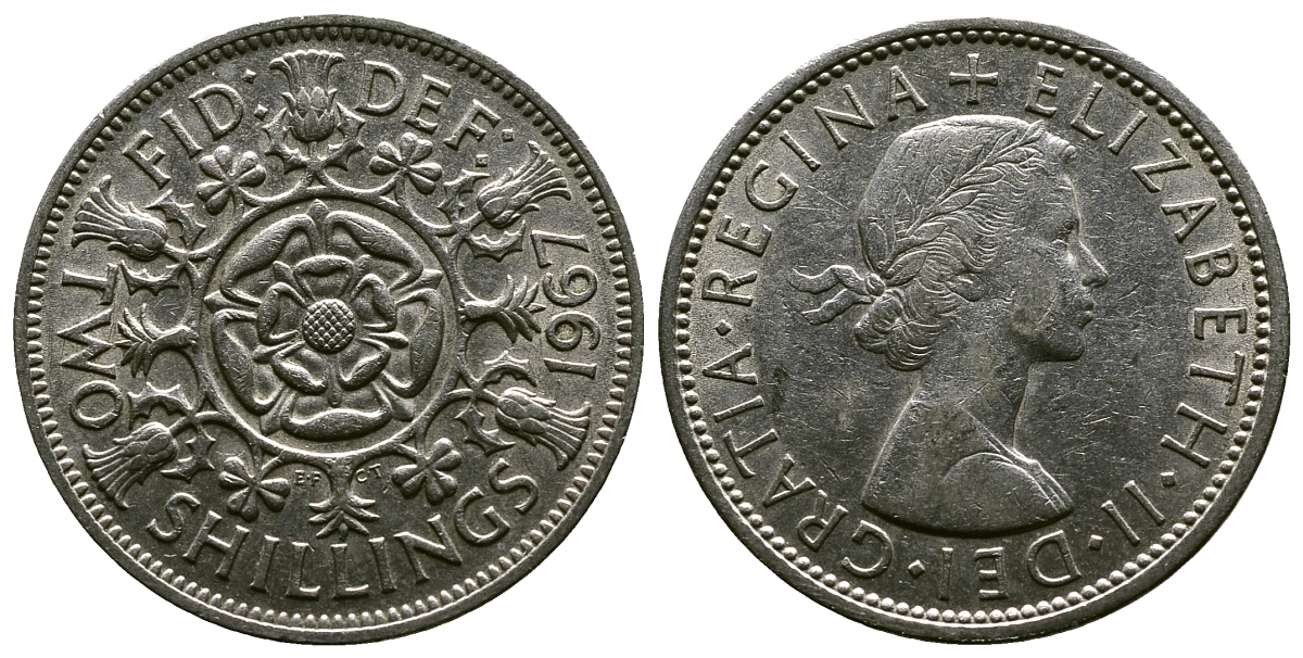 Великобритания 2 шиллинга (флорин) 1967 Елизавета II (1952-2022) KM 906, Spink 4146 медно-никель 4382-743