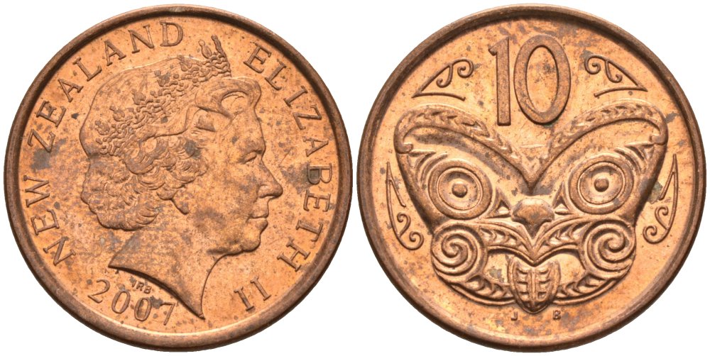 Новая Зеландия 10 центов 2007 маска Маори, Елизавета II (1952-) KM 117а сталь плакированная медью 4179-732