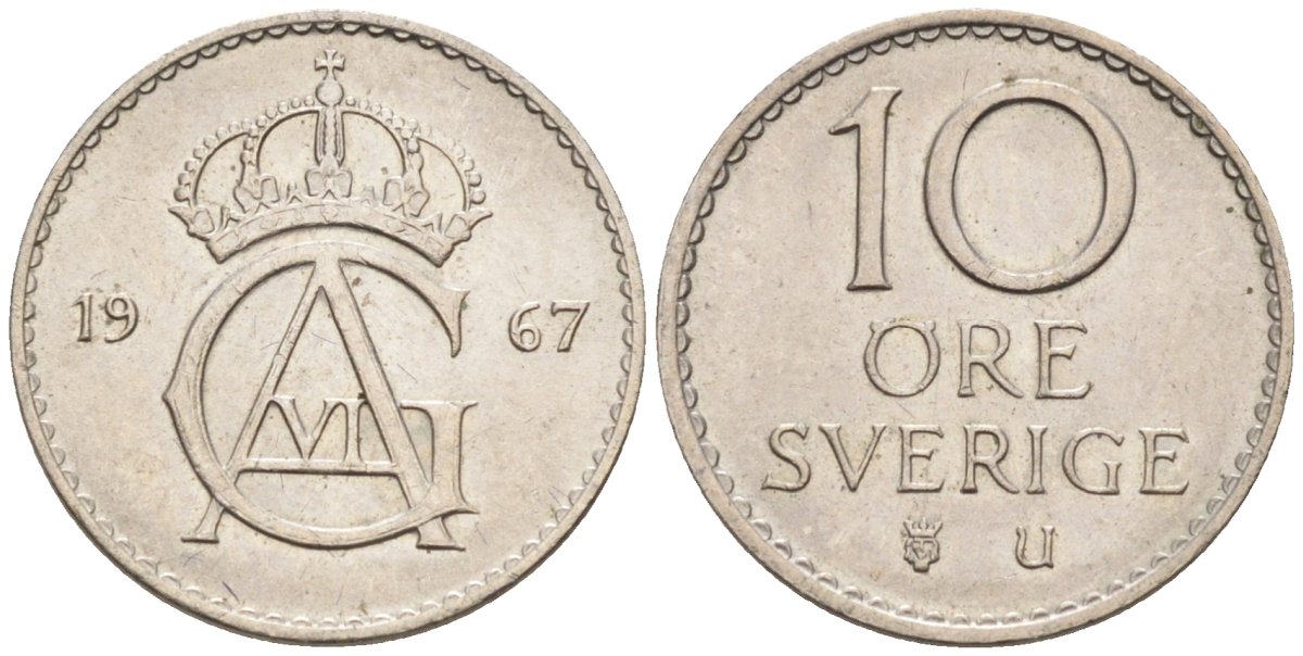 Швеция 10 эре 1967 U, Густав VI Адольф (1950-1973) KM 835 медно-никель UNC 4585-357