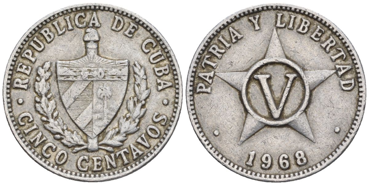 Куба 5 сентаво 1968 KM 34, JMA 44, Y 28, Schoen 32 алюминий 4114-221