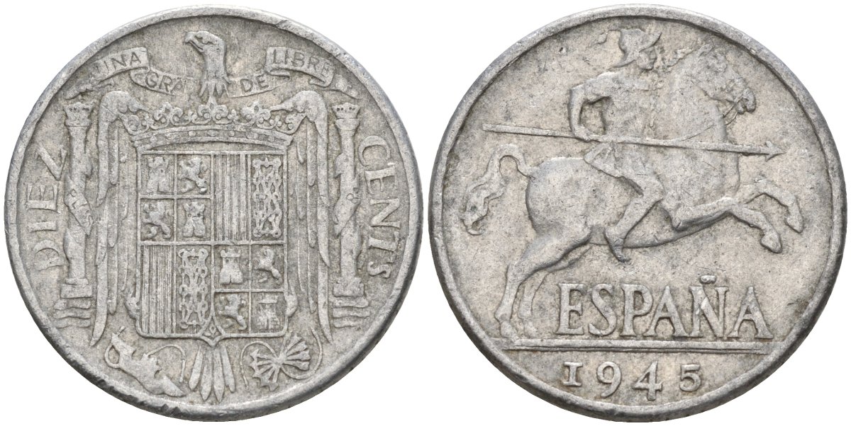 Испания 10 сентимо 1945 Франсиско Франко (1939 - 1975) KM 766 алюминий 4155-241