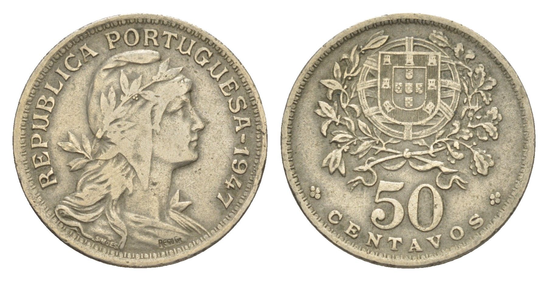 Португалия 50 сентаво 1947 голова Свободы вправо KM 577 никель латунь 4385-715