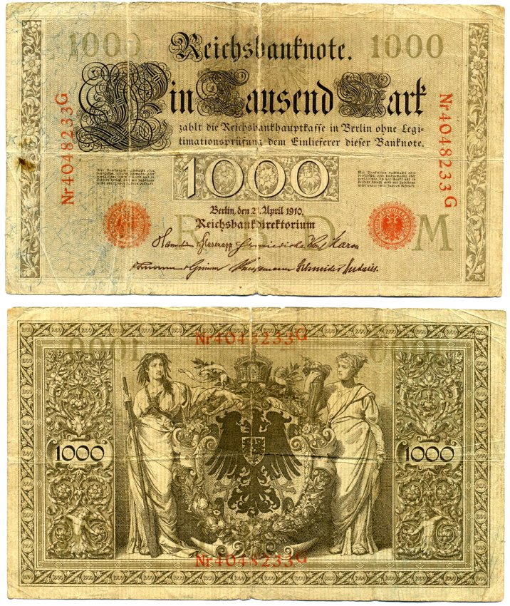 Германия 1000 марок 1910 21 апреля 1910, красная печать, номер семизначный, серия G, буква M, выпуск МАРТ 1922 Pick 44, Роземберг 45c бумага F 6280-2-1-2