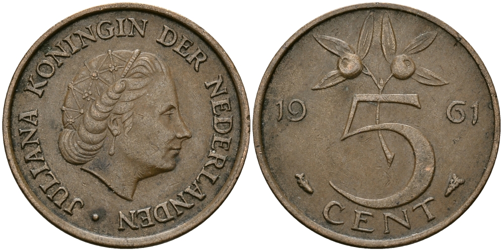 НИДЕРЛАНДЫ 5 ЦЕНТОВ 1961 ЮЛИАНА KM 181 бронза 95-347