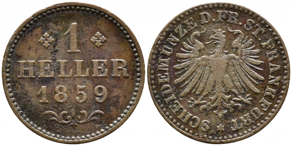 ФРАНКФУРТ 1 ГЕЛЛЕР 1859 B KM 356, AKS 35, BST 405 медь 218-863