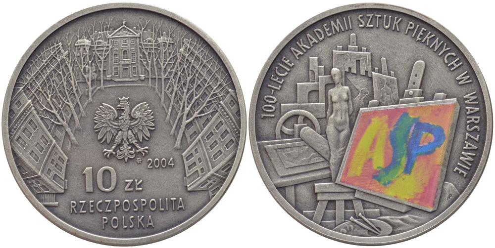 Польша 10 злотых 2004 MW, 100 лет академии изящных искусств, цветная эмаль KM 510 серебро PROOF 02-265-44
