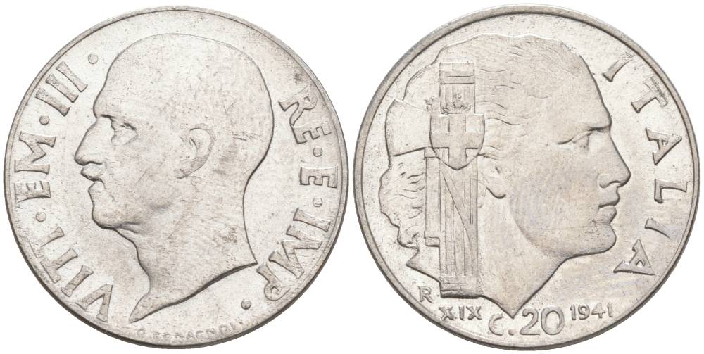 ИТАЛИЯ 20 ЧЕНТЕЗИМО 1941 R, ГОД XIX, ВИКТОР ЭММАНУИЛ III (1900-1946) KM 75b, VEM3. 1028 нержавеющая сталь 3853-1053