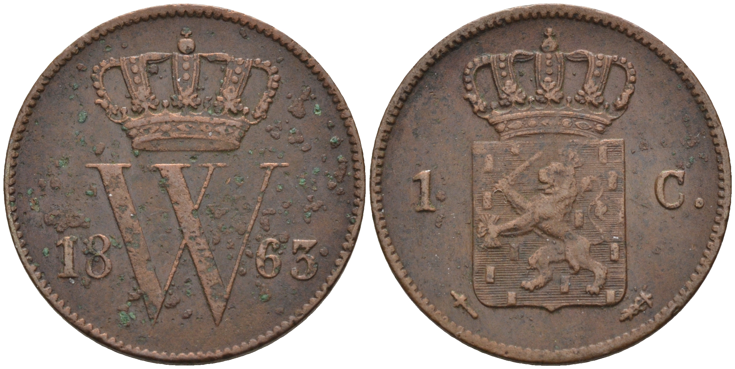 Нидерланды 1 цент 1863 Виллем III (1849-1890) KM 100 медь 4595-326