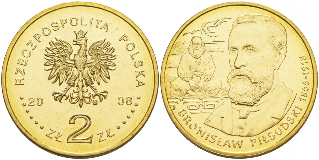 Польша 2 злотых 2008 серия польские путешественники, Бронислав Пилсудский (1866-1918) KM 648 латунь UNC M9-14