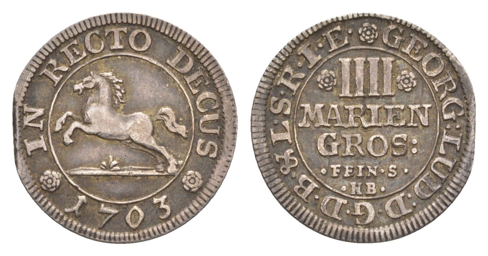 Брауншвейг-Каленберг-Ганновер 4 мариенгроша 1703 HB, Георг I (1698-1727), из коллекции Ричарда Б. Смита Welter 2197, KM 33 серебро 1525-613