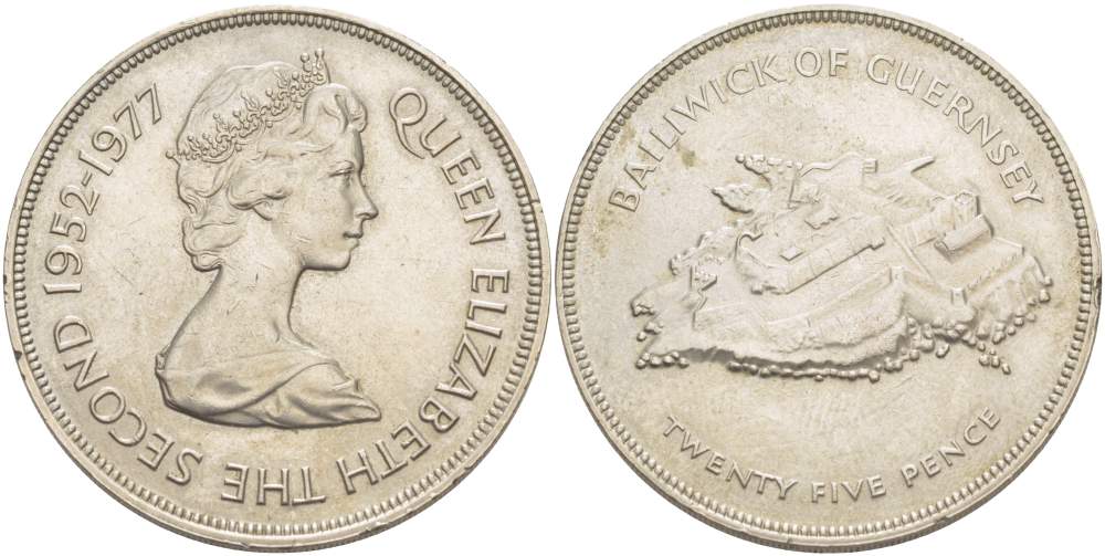 Гернси 25 пенсов 1977 25 лет правления Елизаветы II, крепость KM 31 медно-никель 4527-515