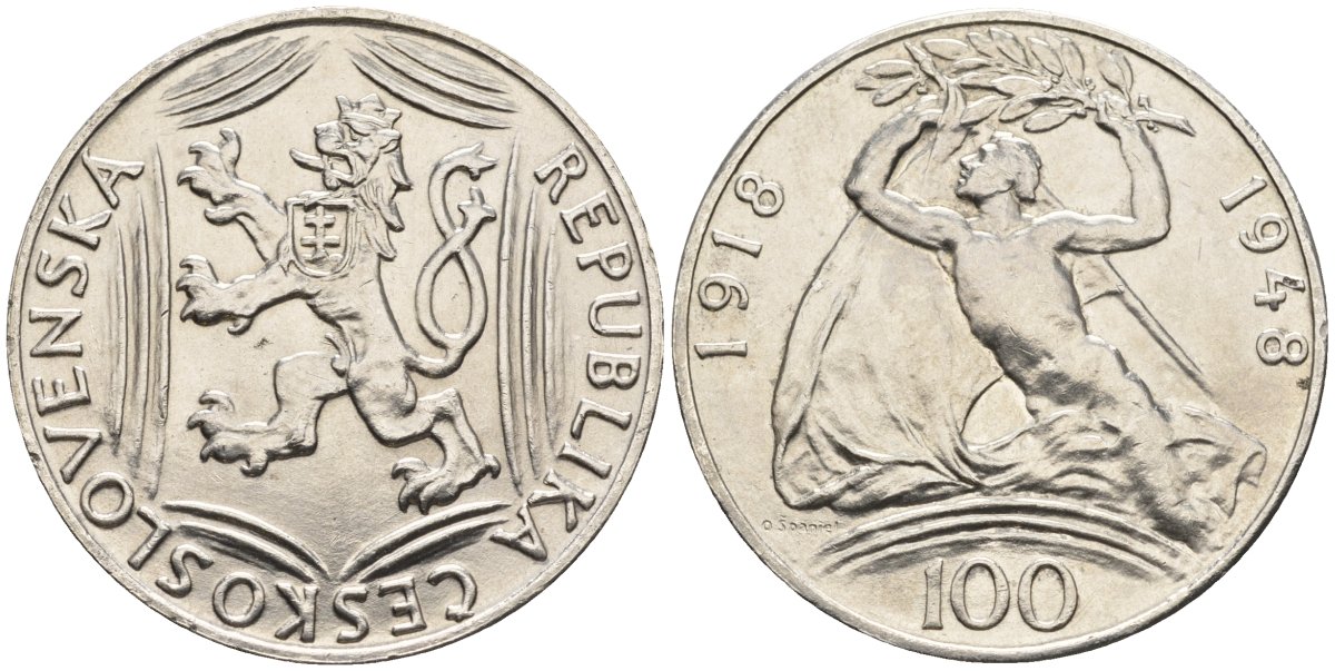 Чехословакия 100 крон 1948 30 лет независимости KM 27 серебро UNC 87-1035