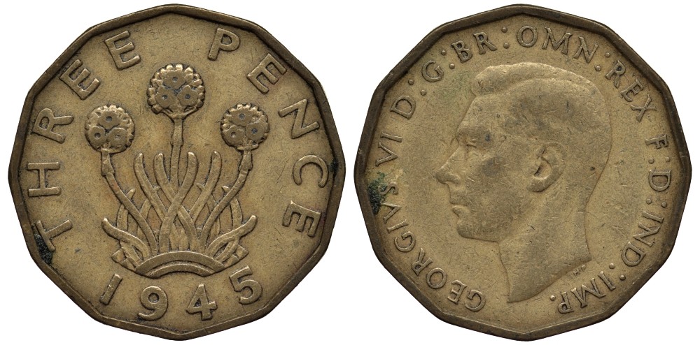 Великобритания 3 пенса 1945 Георг VI (1936-1952) KM 849, Spink 4112 никель латунь 4538-1122