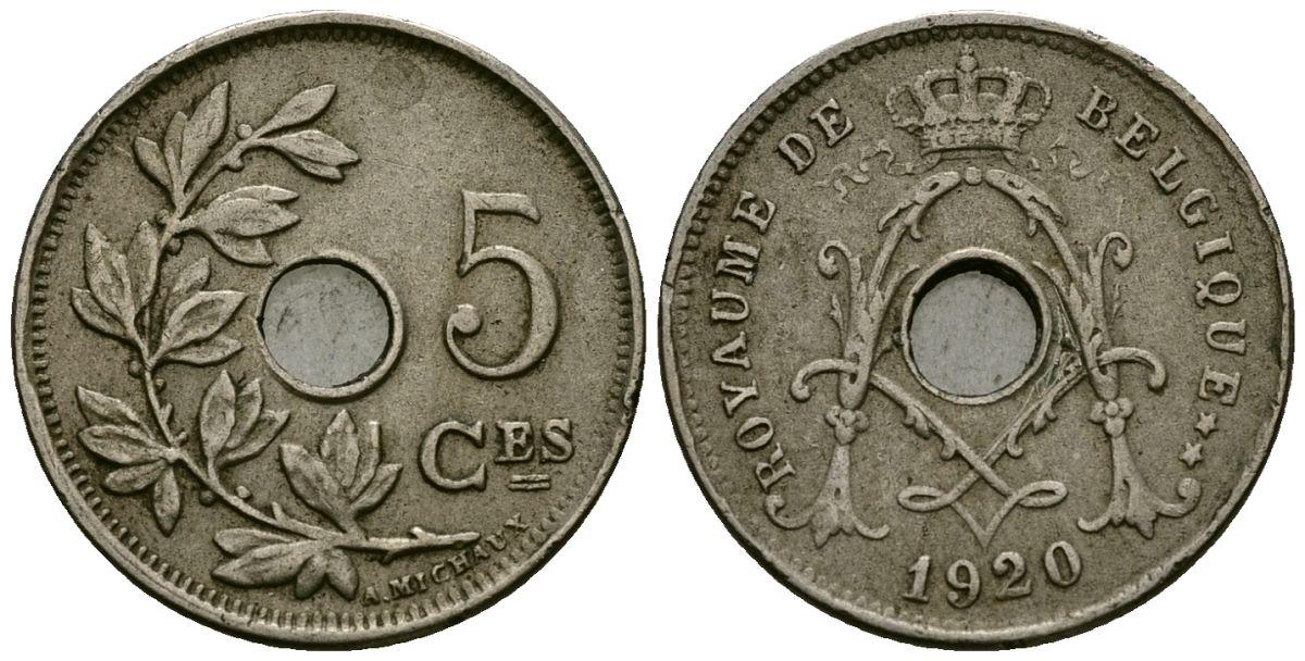 Бельгия 5 сантимов 1920 Belgique KM 66 медно-никель 4173-451