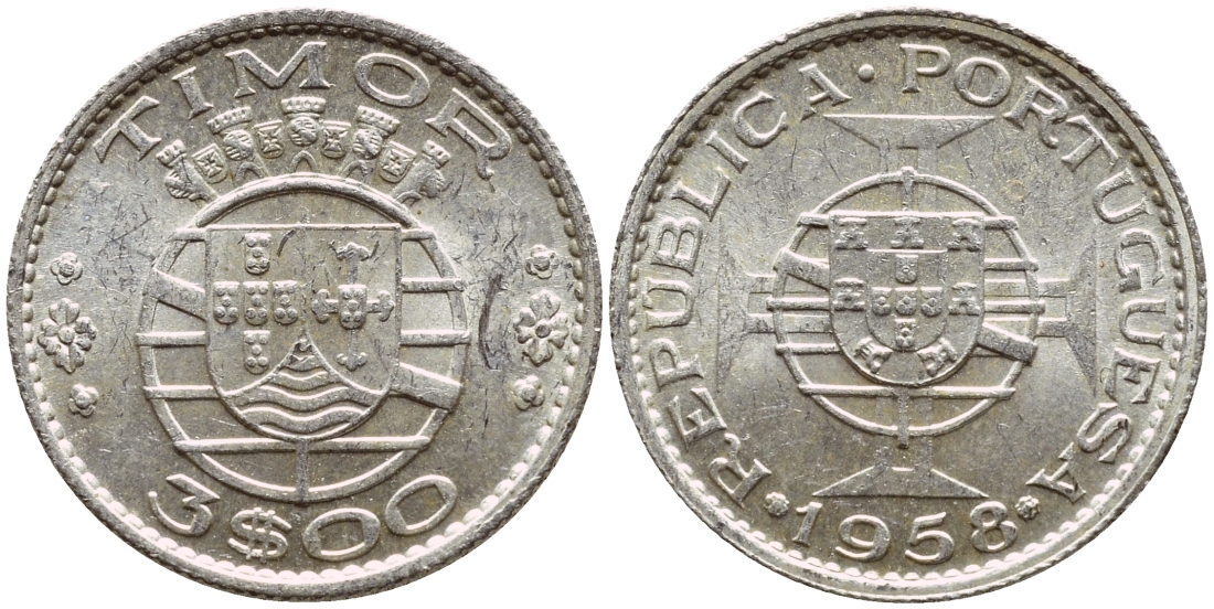 Португальский Тимор 3 эскудо 1958 год тип KM 14 серебро aUNC 80-858
