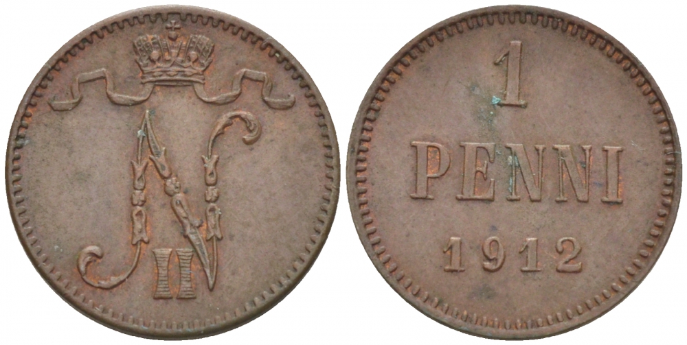 Россия для Финляндии 1 пенни 1912 Николай II (1894-1917) KM 13, Биткин 472 медь 4396-1357