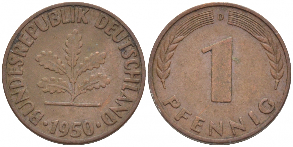 ФРГ 1 ПФЕННИГ 1950 D KM 105, J.380 сталь плакированная медью 112-926