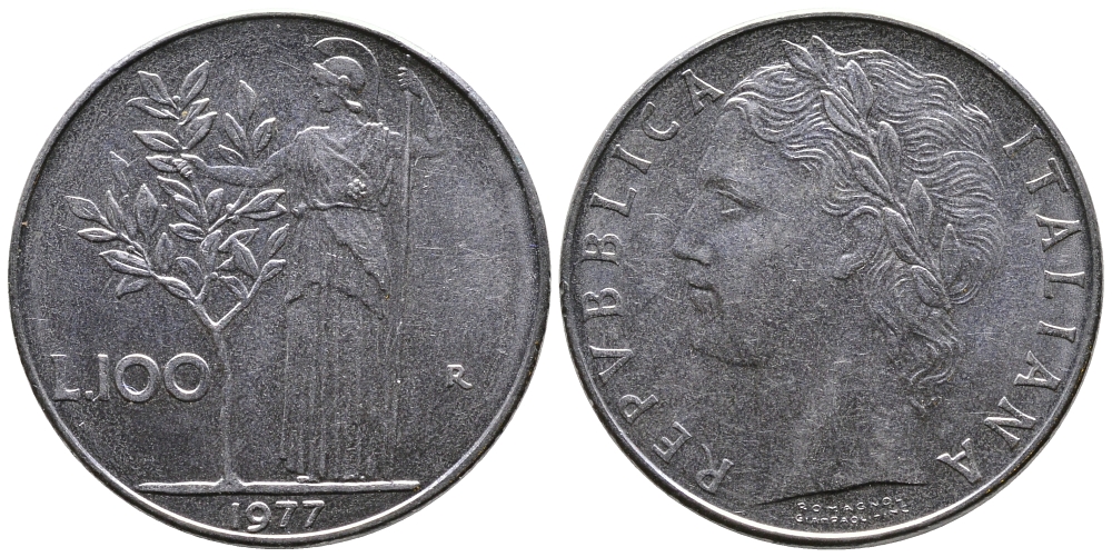 ИТАЛИЯ 100 ЛИР 1977 R , АФИНА KM 96.1 нержавеющая сталь 83-636