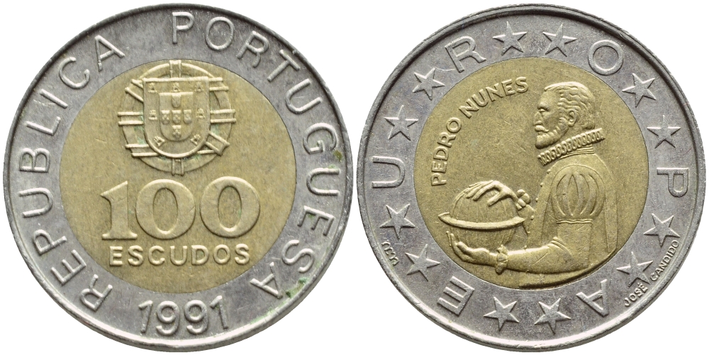 Португалия 100 эскудо 1991 Педру Нуниш (1502-1578), математик KM 645.1 биметалл 4395-952