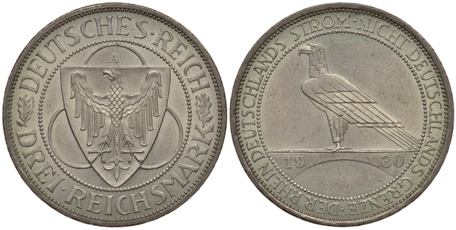 Германия 3 марки 1930 A, освобождение Рейнлянда J. 345, KM 70 серебро UNC 00-814-60