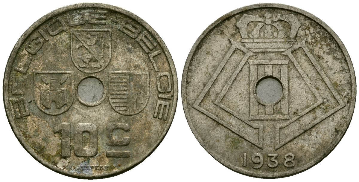 Бельгия 10 сантимов 1938 Belgique - Belgie KM 112 никель латунь 4121-514