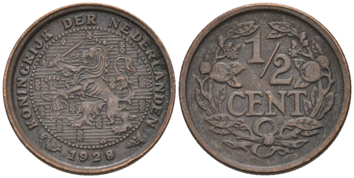 Нидерланды 1/2 цента 1928 Вильгельмина (1890-1948) KM 138 бронза 4576-511
