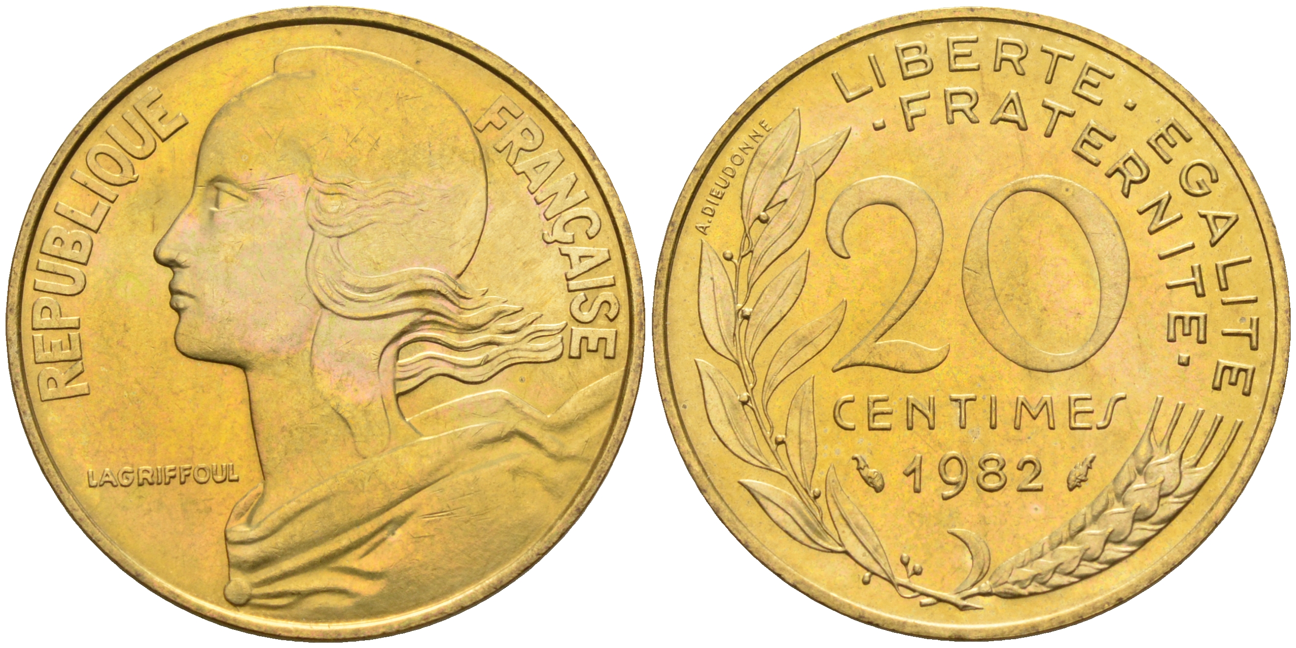 Франция 20 сантимов 1982 тип Марианна KM 930 медь алюминий никель 4116-535
