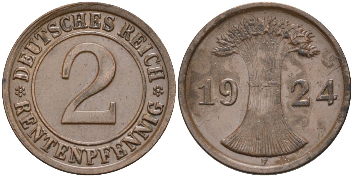 Германия 2 рентенпфеннига 1924 F KM 31, J.307, Weege 3 медь 4584-623