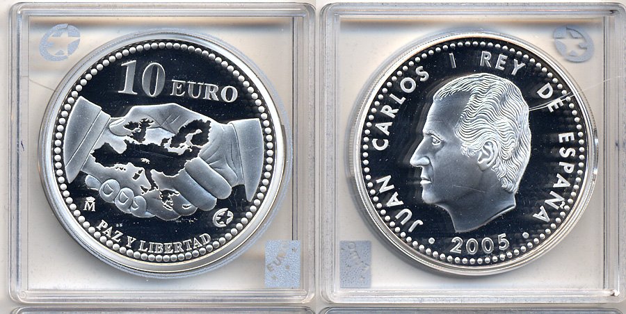 Испания 10 евро 2005 M, 60 лет миру и свободе в Европе KM 1065 серебро PROOF 5-3-1-40
