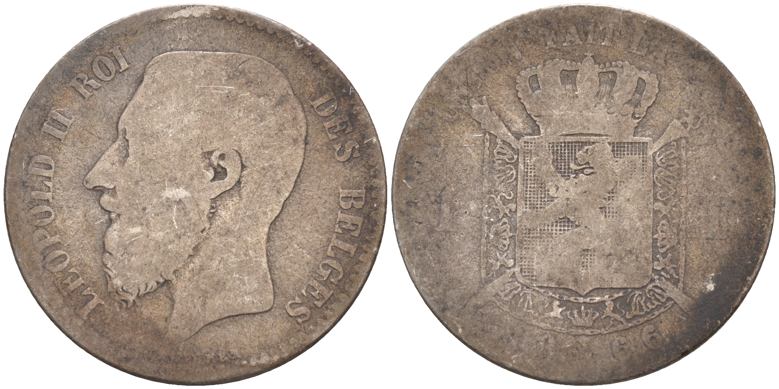 БЕЛЬГИЯ 1 ФРАНК 1866 ЛЕОПОЛЬД II (1865-1909), BELGES KM 28.1 серебро 4114-954