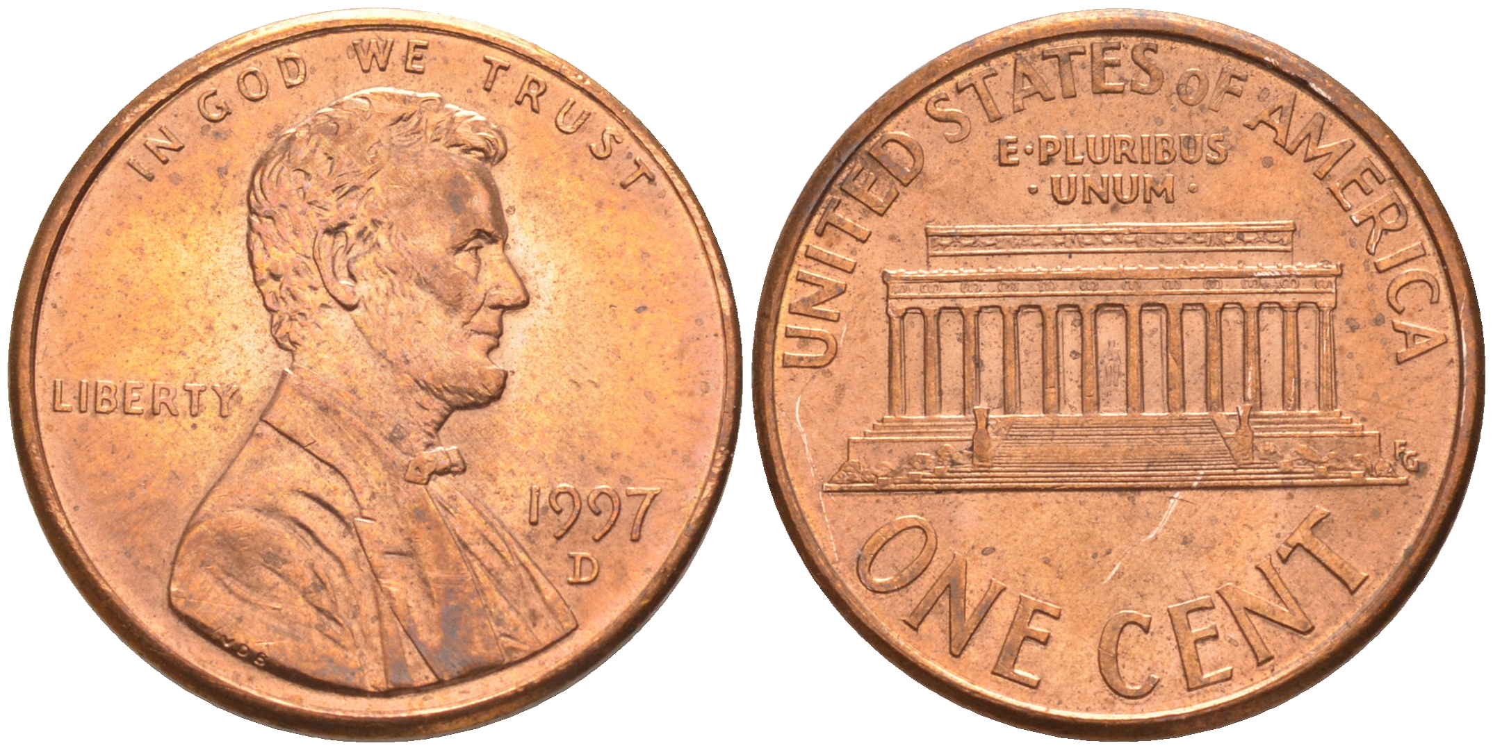 США 1 ЦЕНТ 1997 D ЛИНКОЛЬН KM 201b цинк плакированный медью UNC 187-753