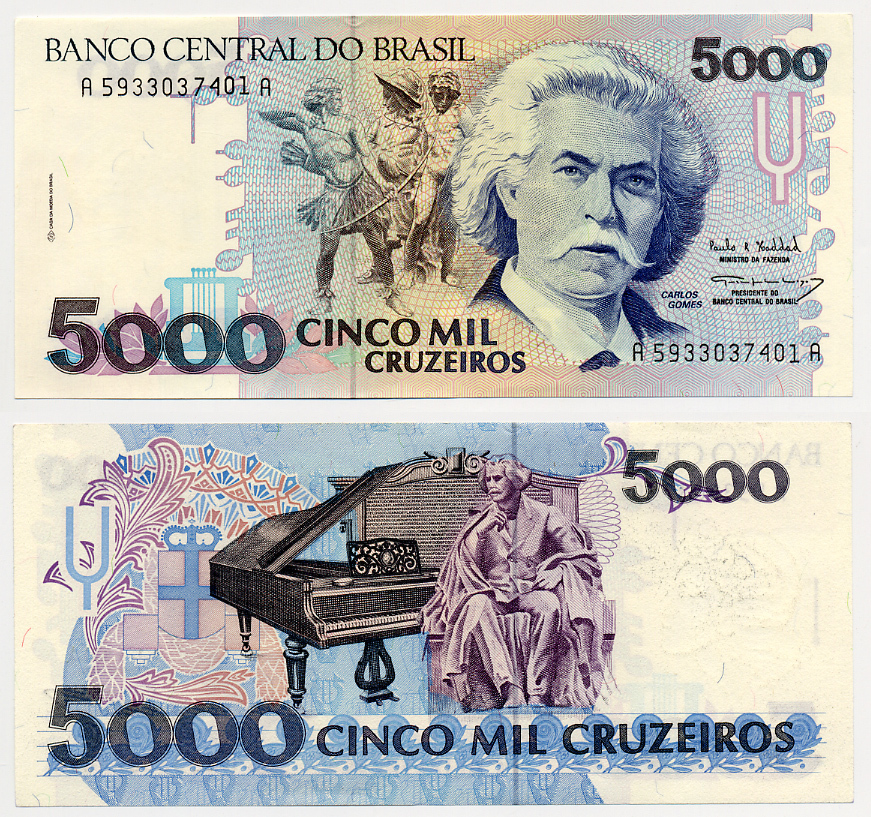 Бразилия 5000 крузейро ND (1990-1993) серия А 5933, Карлось Гомес, музыкант, рояль Pick 232с бумага UNC (пресс) 6278-31-1