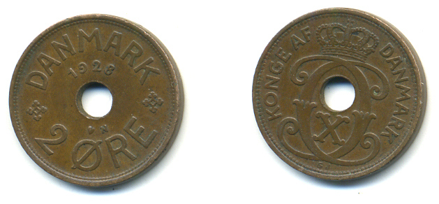 ДАНИЯ 2 ЭРЕ 1928 N; GJ, КРИСТИАН X (1912-1947) KM 827.2 бронза 3999-917