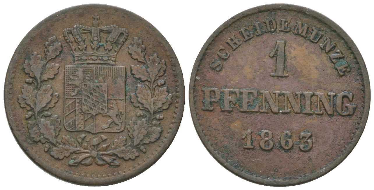 Бавария 1 пфенниг 1863 Максимилиан II (1848-1864) KM 471, AKS 161, Jaeger 91 медь 54-819
