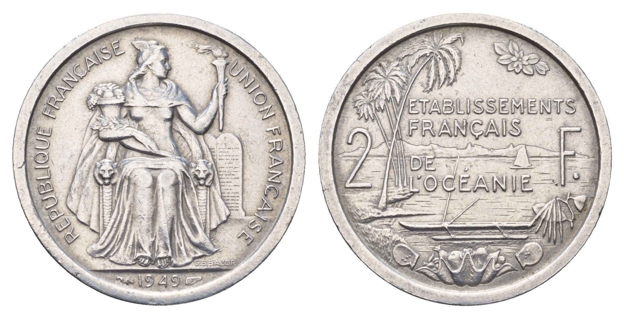 Французская Океания 2 франка 1949 год-тип KM 3 алюминий 1518-1134