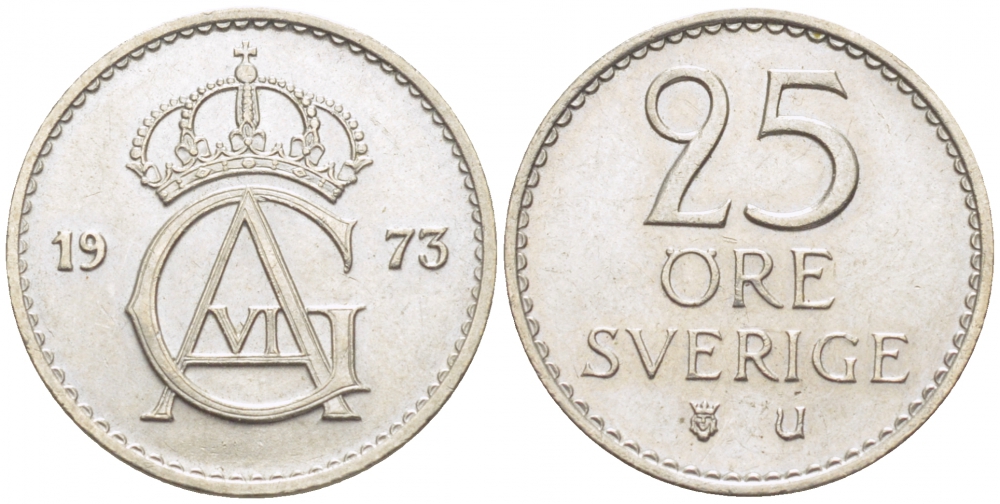 Швеция 25 эре 1973 U, Густав VI Адольф (1950-1973) KM 836 медно-никель UNC 112-1221