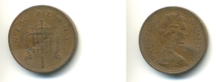 Великобритания 1 пенни 1971 Елизавета II (1952-2022) KM 915, Spink 4237 (B1) бронза 83-451