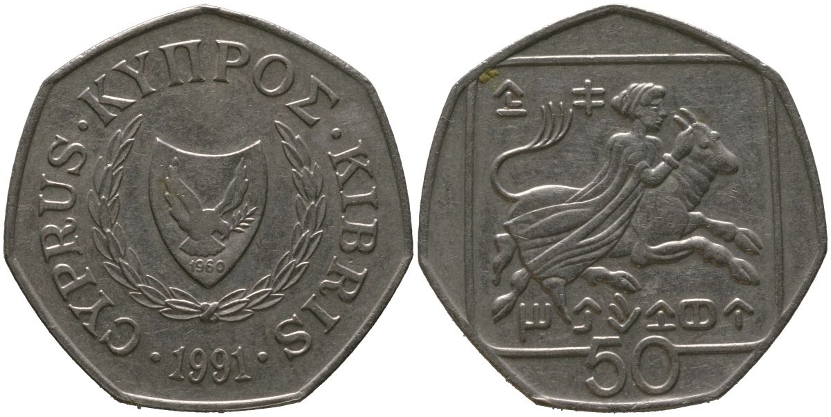 Кипр 50 центов 1991 похищение Европы KM 66 медно-никель 4402-522