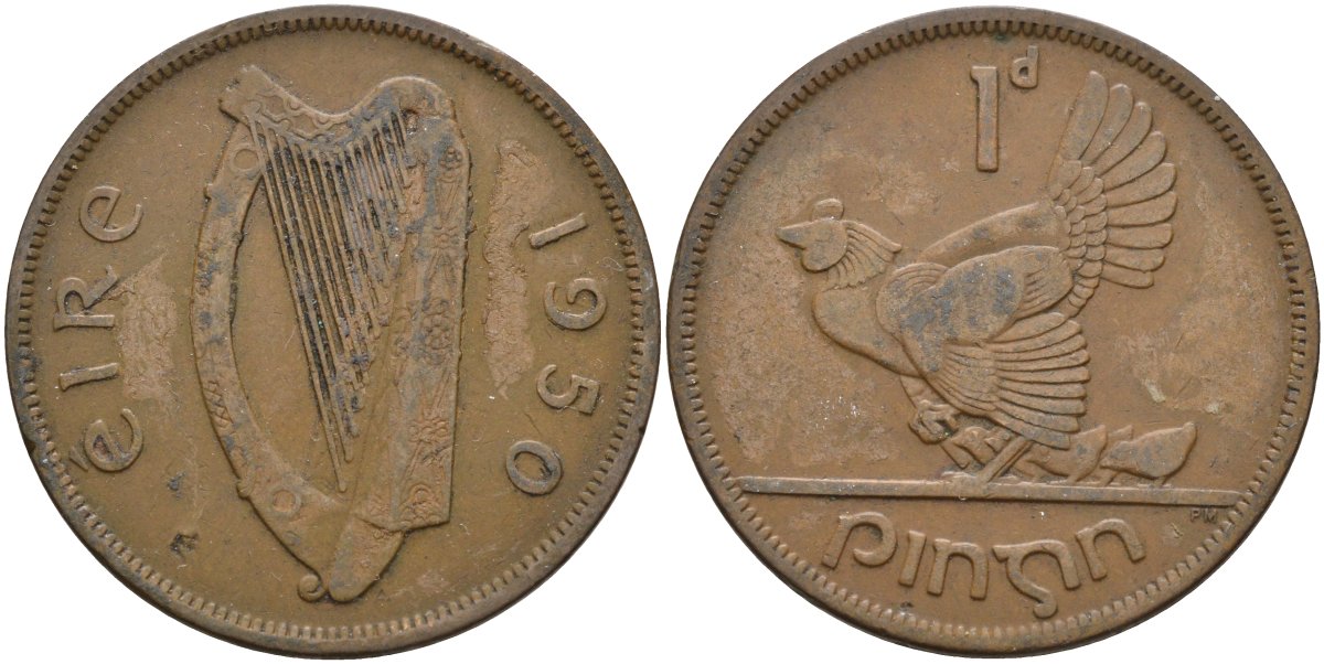Ирландия 1 пенни 1950 курица с цыплятами KM 11 бронза 4137-722