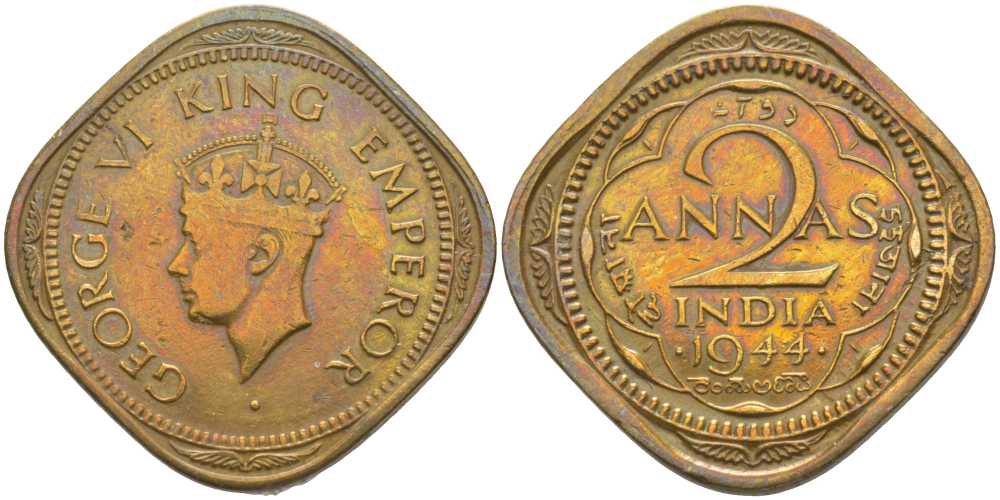 Британская Индия 2 анна 1944 Георг VI (1936-1952) KM 541а никель латунь 119-221