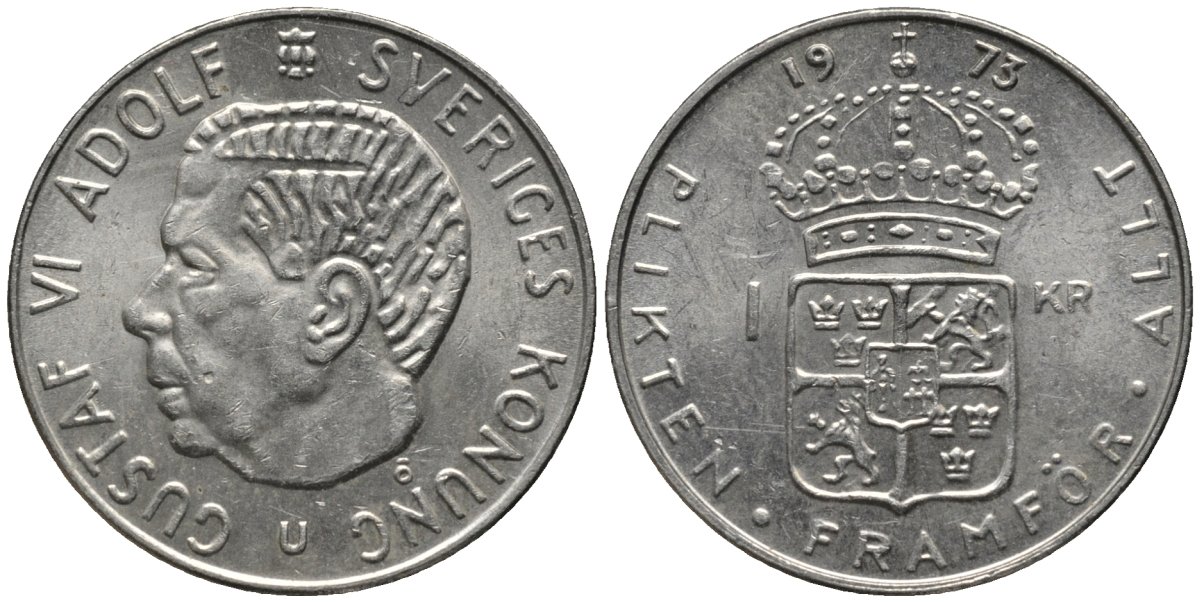 Швеция 1 крона 1973 Густав VI Адольф (1950-1973) KM 826а медь плакированная медно-никелем 4577-821