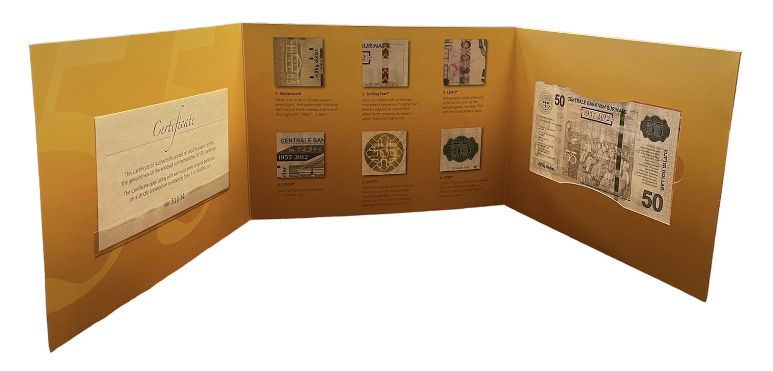 Суринам 50 долларов 2012 55 лет центральному банку (1957-2012), в оригинальном буклете Pick 167 a  бумага  UNC (пресс) 451-153-1