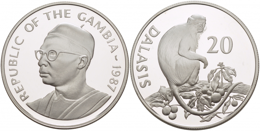 Гамбия 20 даласи 1987 серия защита окружающей среды, обезьяна, тираж 25000 экз. KM 24 серебро PROOF 1068-5-52