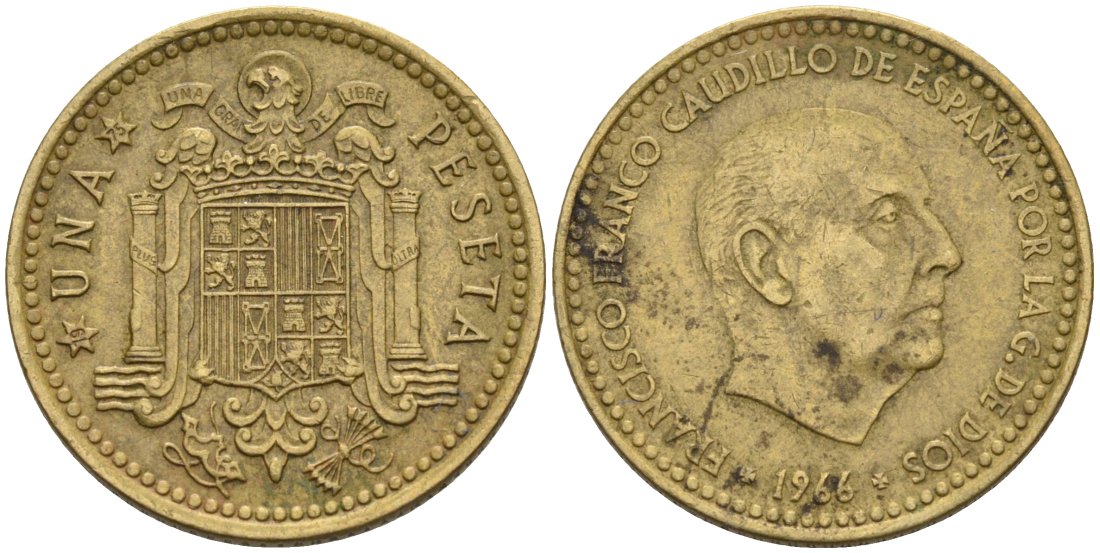 Испания 1 песета 1966 (75) Франсиско Франко (1939-1975) KM 796 алюминиевая бронза 4571-1142