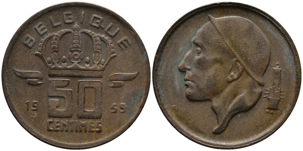 Бельгия 50 сантимов 1959 Belgique, Бодуэн I (1951-1993) KM 148.1 бронза 99-413