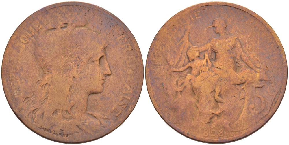 ФРАНЦИЯ 5 САНТИМОВ 1898 ТИП ДАНИЭЛЬ ДЮПЮИ KM 842, LE FRANC 119.5 бронза 4545-914