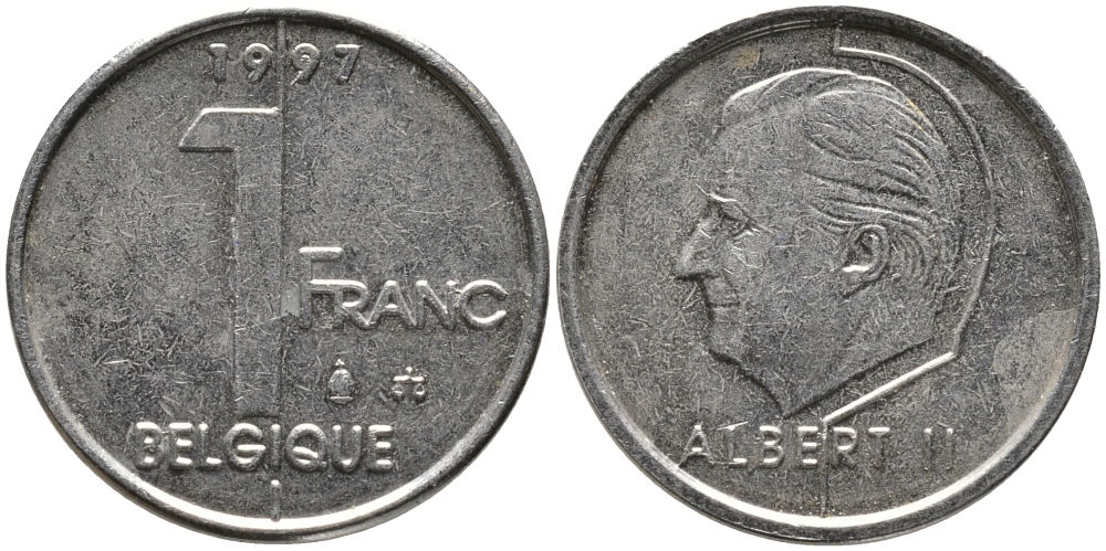 БЕЛЬГИЯ 1 ФРАНК 1997 BELGIQUE, АЛЬБЕРТ II (1993-) KM 187 железо плакированное никелем 99-1231