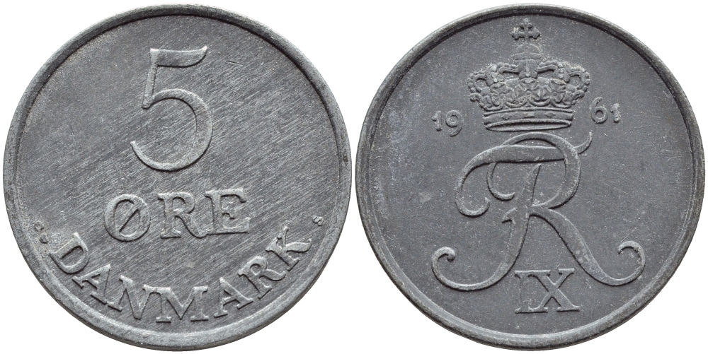 ДАНИЯ 5 ЭРЕ 1961 C; S, ФРЕДЕРИК IX (1947-1972) KM 843.2 цинк UNC 51-4716